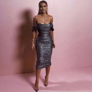 HOUSE OF CB 'Carlotta' Grey lurex sparkle glitter off shoulder XS NWOT
